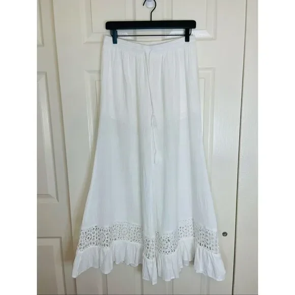 Mahina Lace Inlet Wide Leg Ruffle Trim Beach Lounge Pants White Size Large - Picture 11 of 11